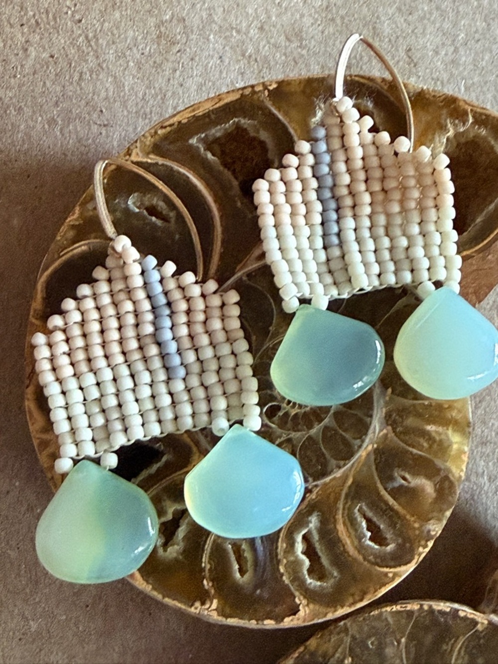 Handmade Glass Seed Bead Beaded Earrings with Chalcedony (or Aquamarine) Drops